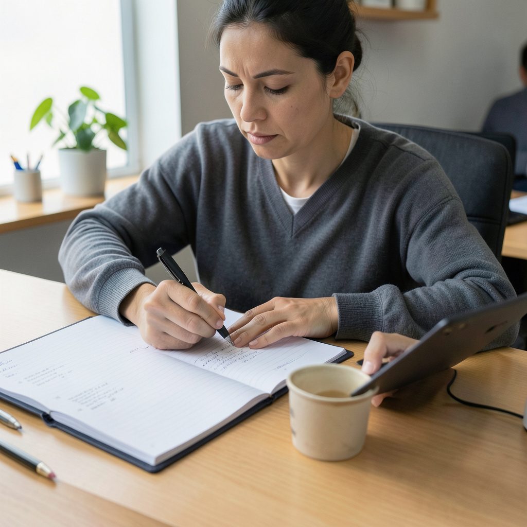 A person's hand holding a pen over a notebook page filled with handwritten notes, warm desk-lamp lighting on a dark background
